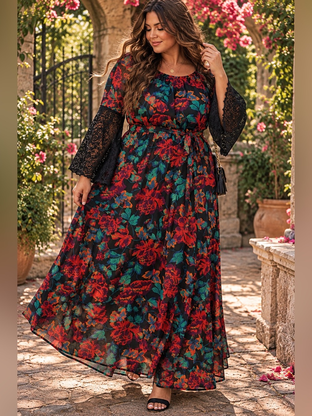 Torrid Floral Chiffon Lace Sleeve Maxi Dress Size 2 2X